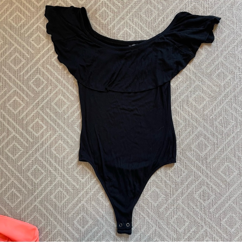 Express Ribbed Black Bodysuit - Size Small